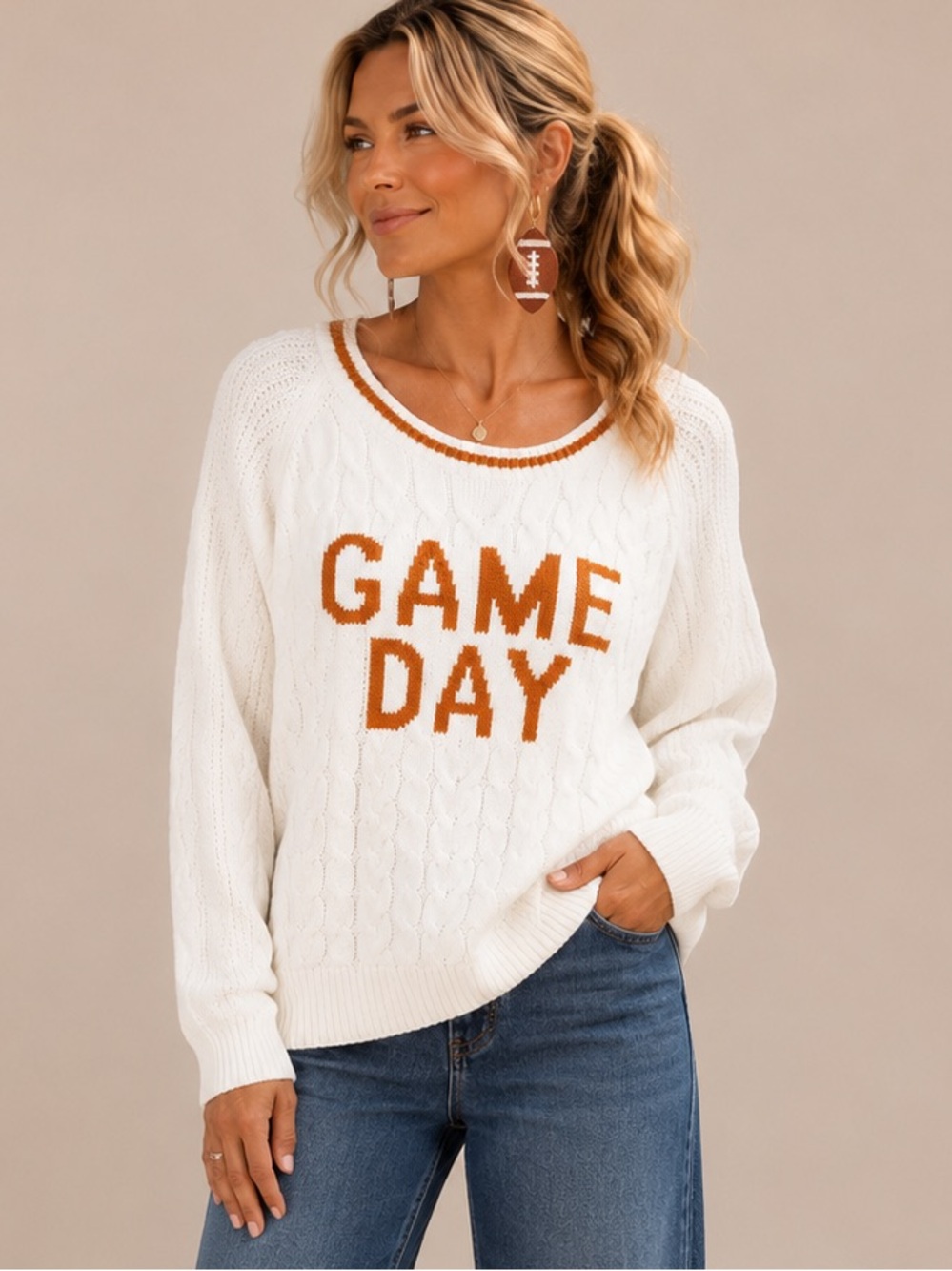 Miracle Game Day Cable Knit Sweater – Cotton Blend Football Sweater